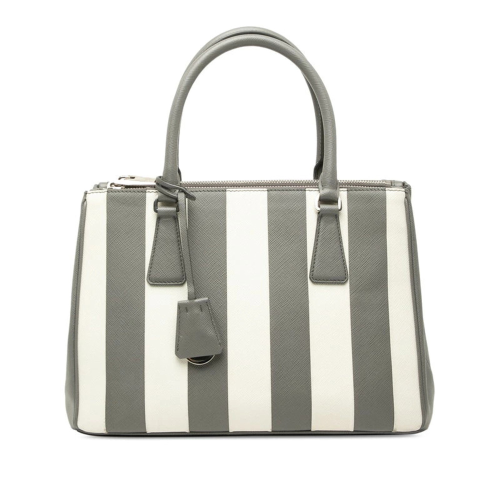 Prada Galleria Striped Handbag Gray White Saffiano Leather